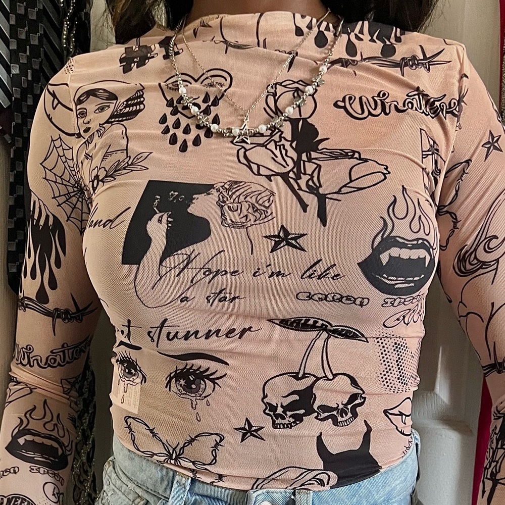 SHEIN ICON 90s Letter & Figure Print Mesh Bodysuit